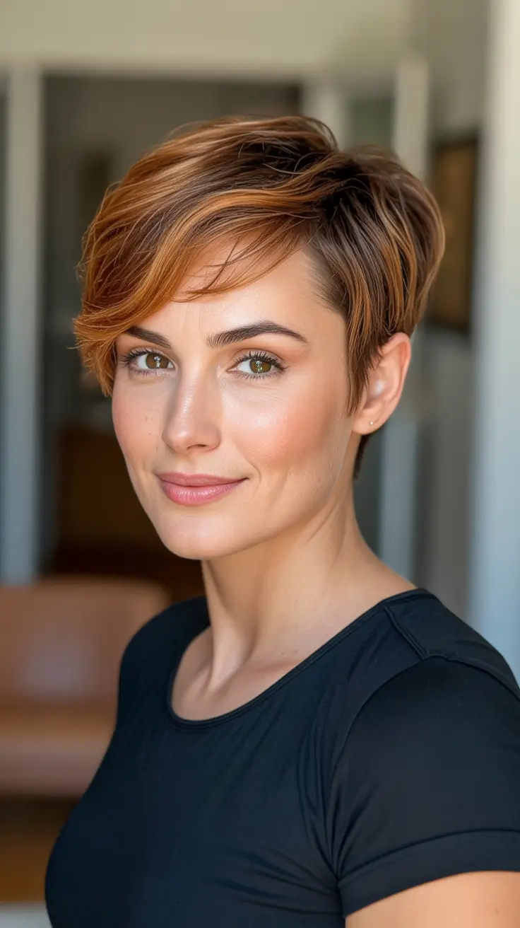 Auburn Hair Color 2026 Guide - Copper Highlight Pixie With Soft Side Sweep