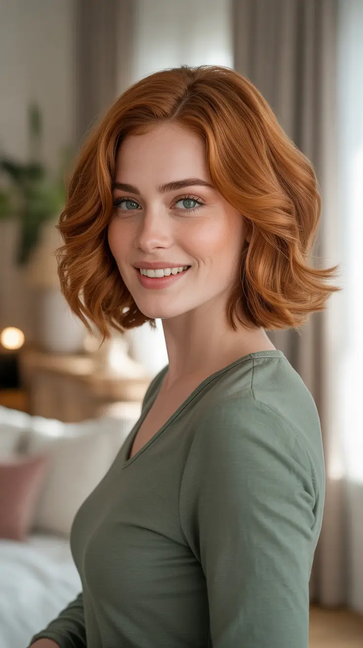 Auburn Hair Color 2026 Guide Sunlit Copper Bob With Soft Wavy Volume
