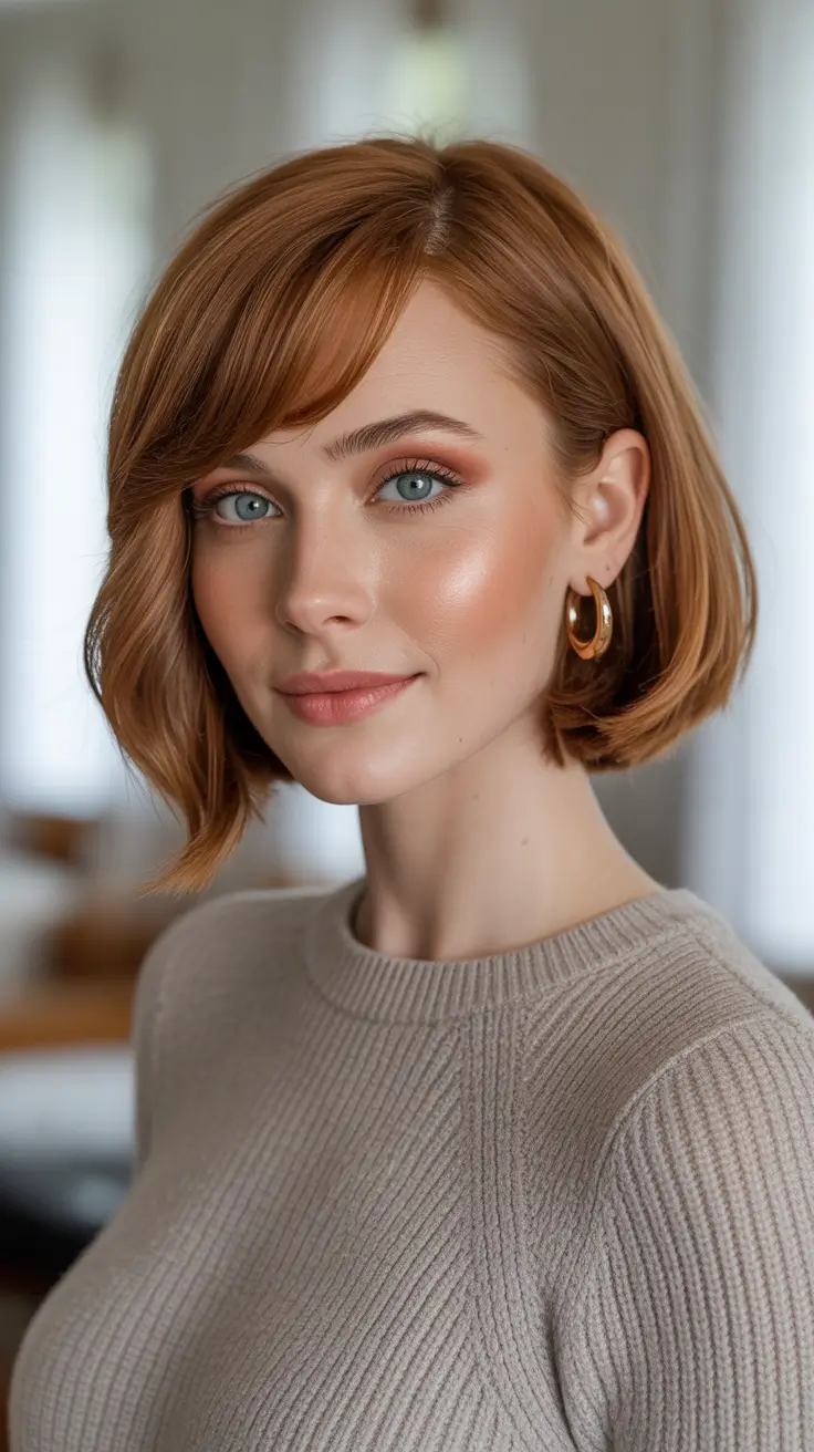 Auburn hair color 2026 guide - Coppery Auburn Lob With Soft Side Fringe