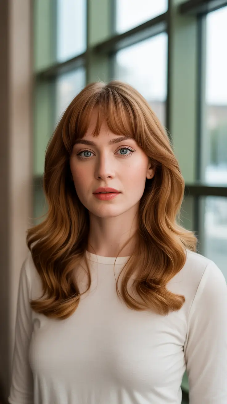 Auburn hair color 2026 guide - Soft Auburn Waves With Curtain Bangs