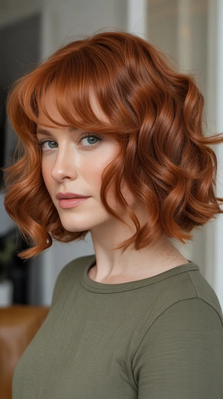Auburn Hair Color 2026 Guide - Ginger Curly Bob With Airy Fringe
