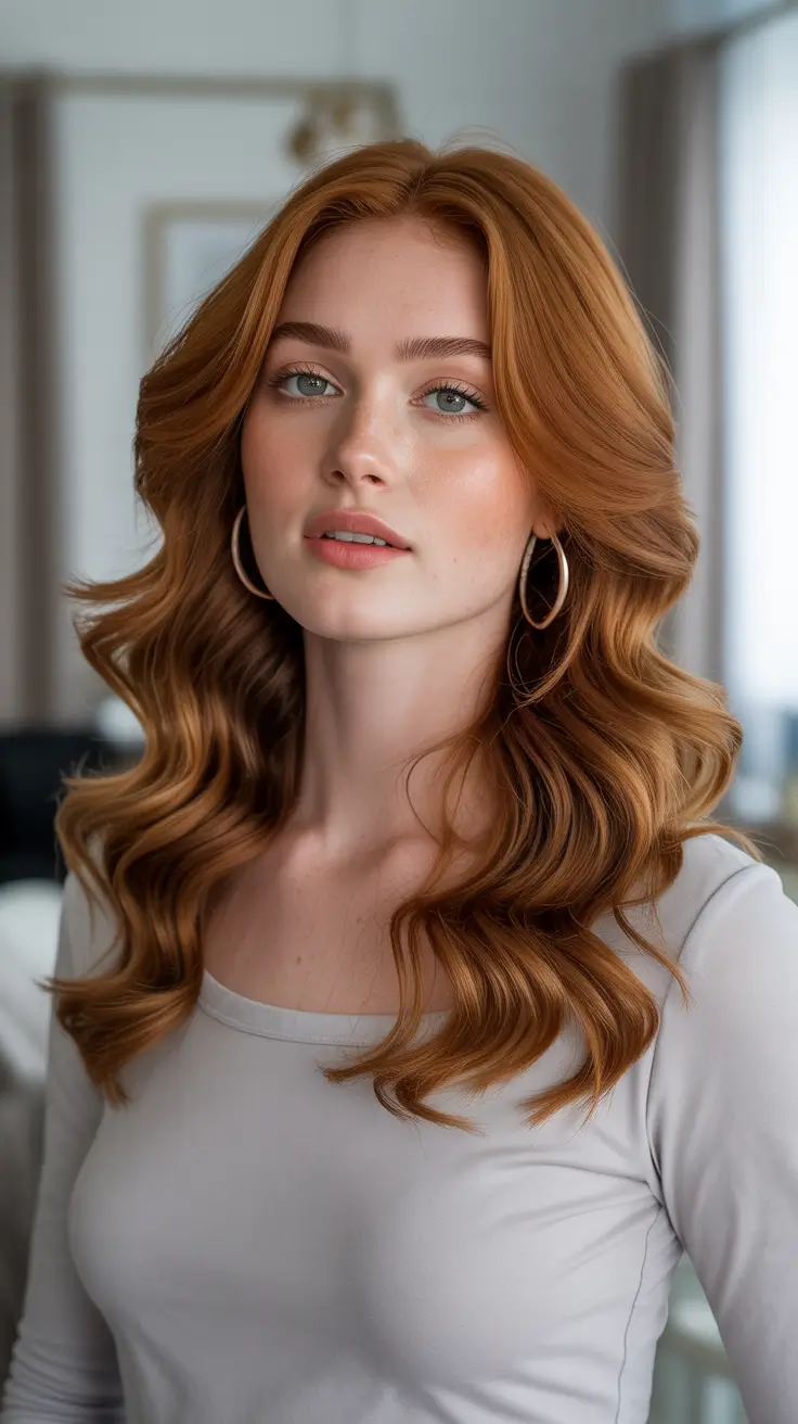 Auburn hair color 2026 guide - Soft Copper Curtain Waves For Everyday Glam