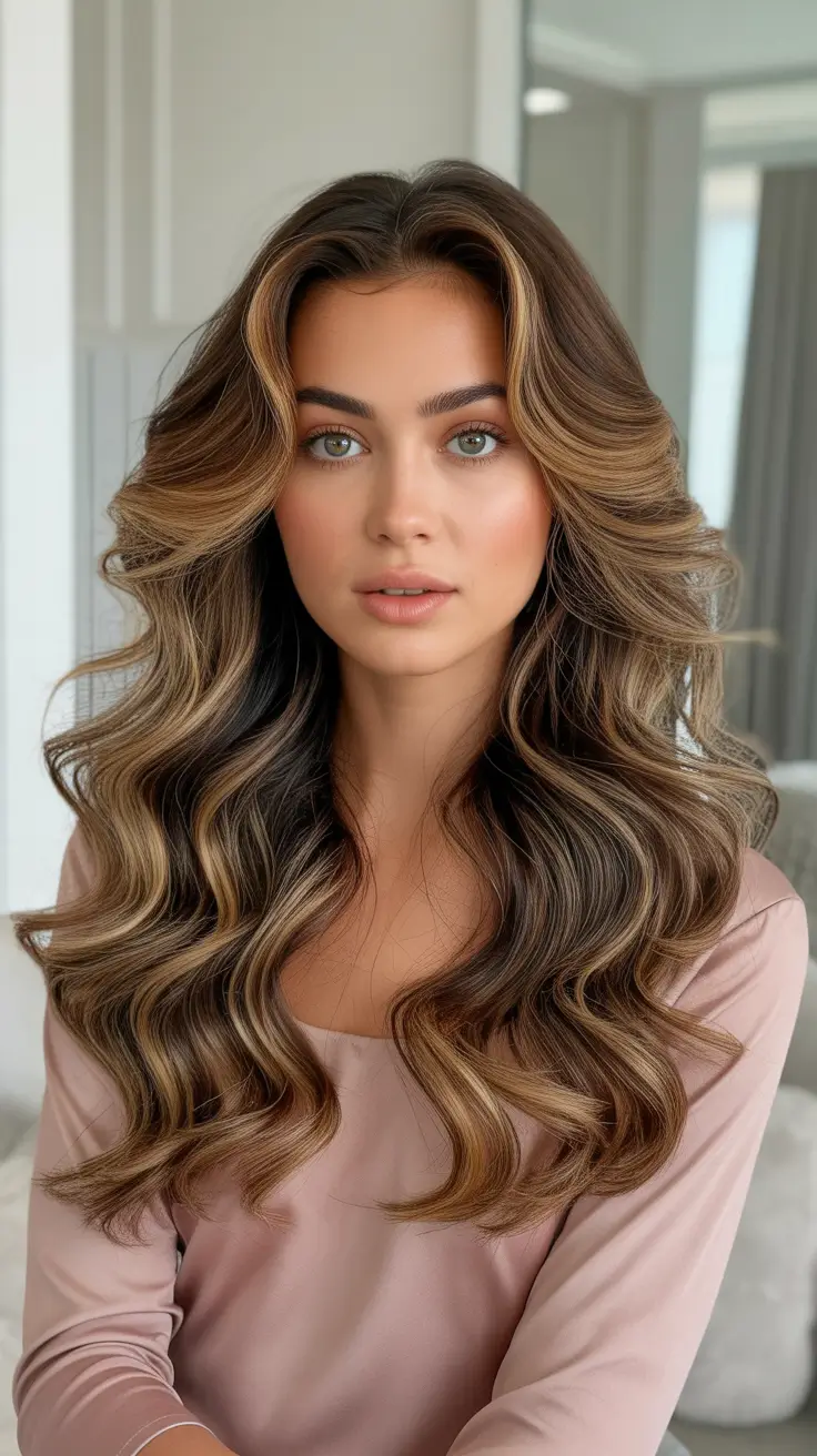 Balayage hair color ideas 2026 - Caramel Honey Bronde With Big Glam Waves