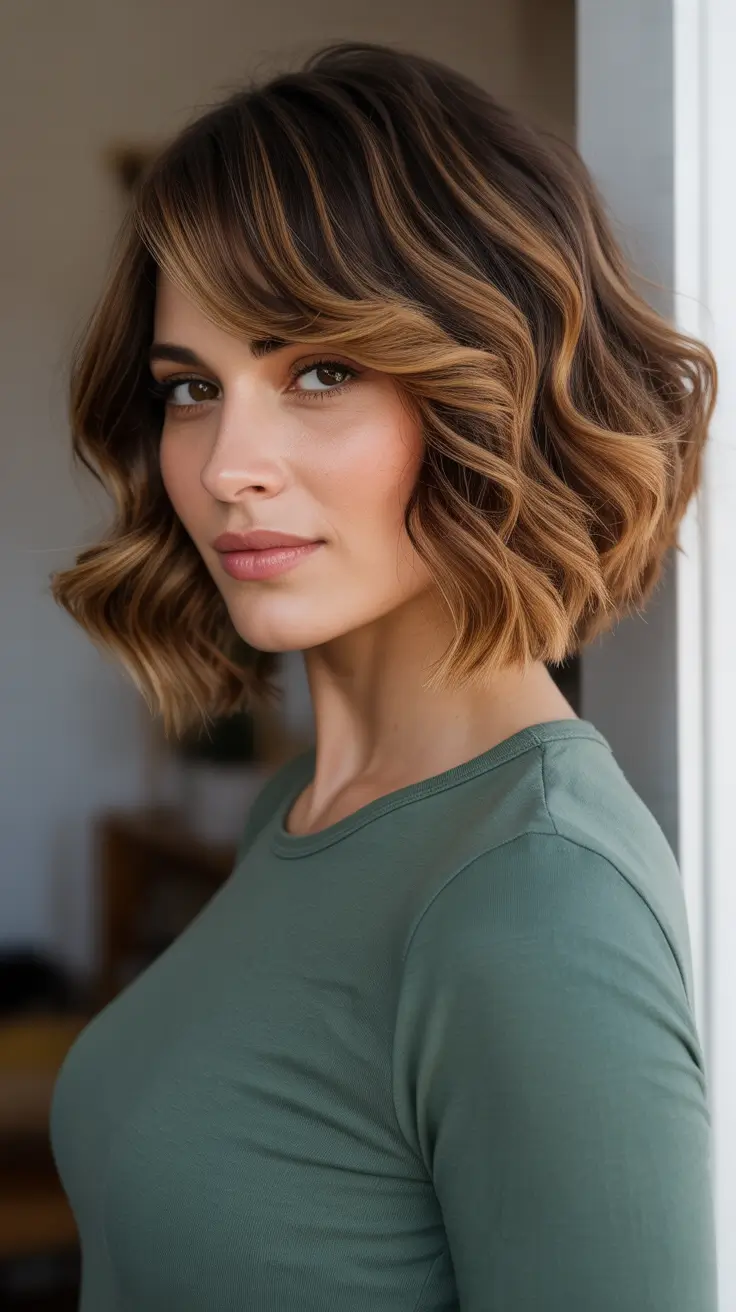 Best haircut inspo 2026 Textured Golden Brunette Bob With Easy Bend