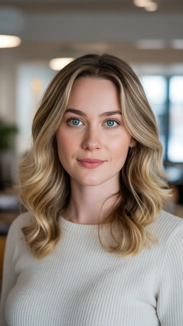 Best mid-length haircuts 2026 Soft Champagne Layers With A Clean Center Part