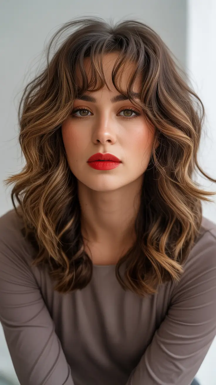 Best mid-length haircuts 2026 Textured Curly Shag With Wispy Bangs And Bold Mood