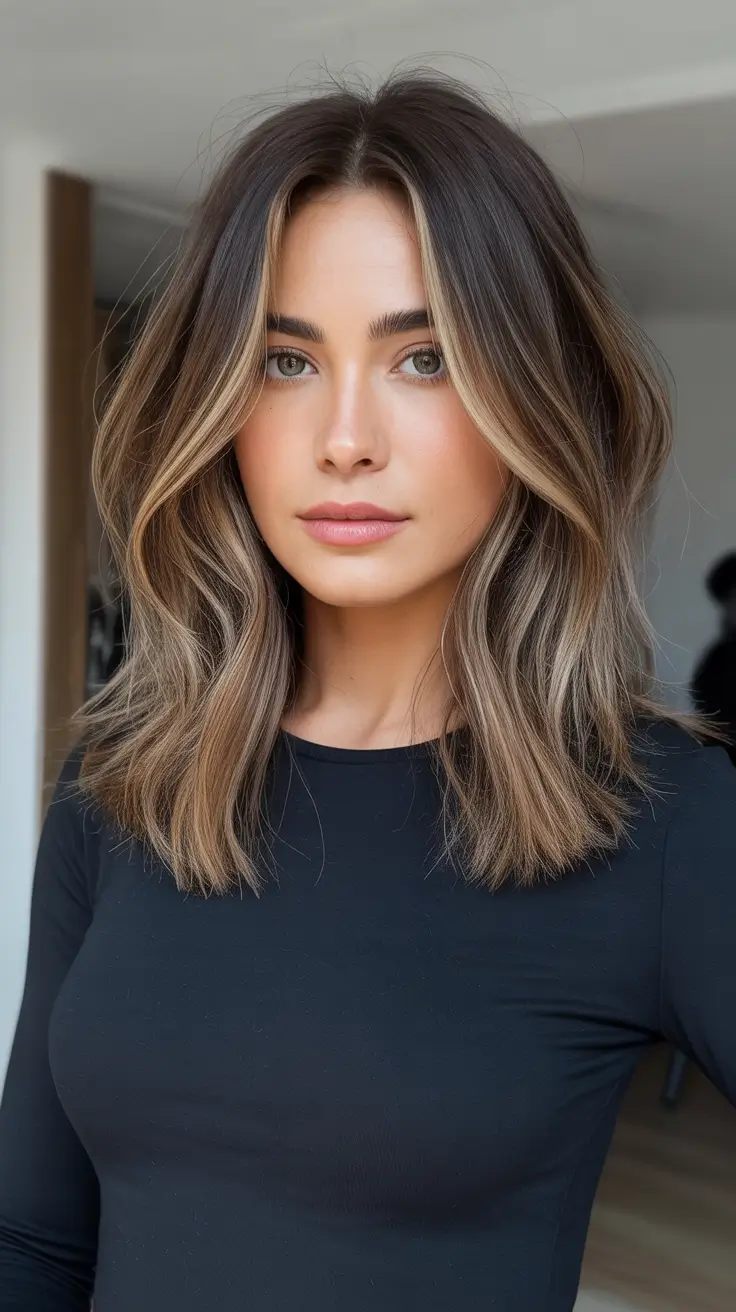 Best mid-length haircuts 2026 Cool Brunette Melt With Face-Framing Volume