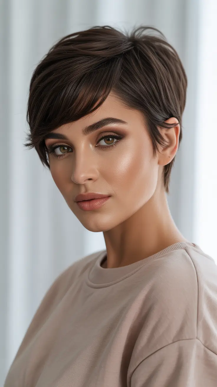 Brown hair colors 2026 Espresso Pixie With Soft Side Sweep