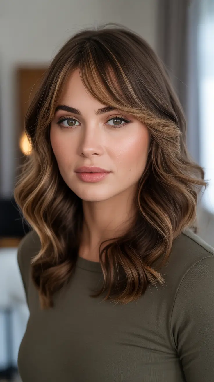Brown hair colors 2026 Soft Caramel Waves With Curtain Fringe