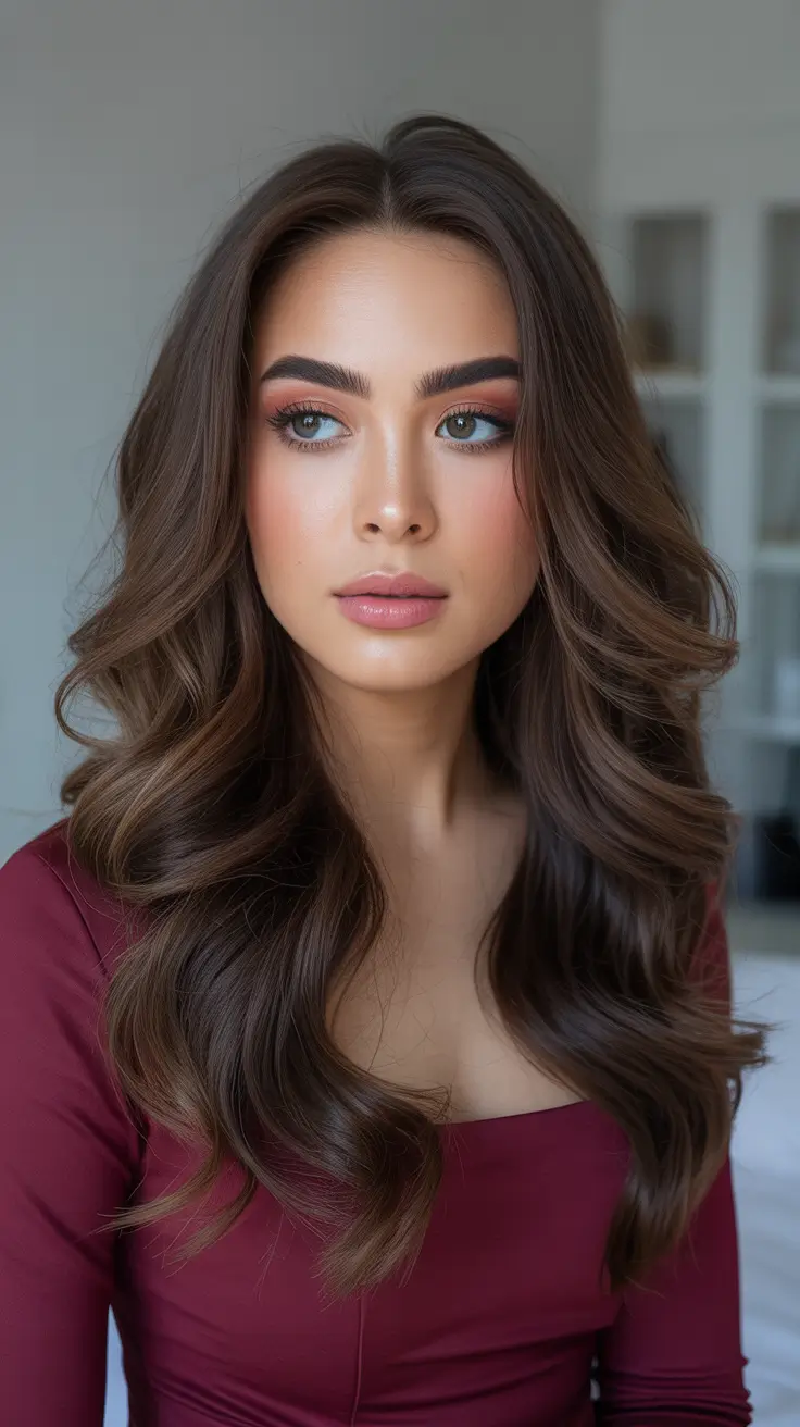 Brown hair colors 2026 Soft Chocolate Waves With A Glossy Finish