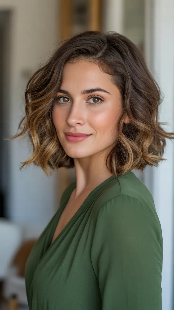 Brown hair colors 2026 Golden Honey Waves On A Short French Bob