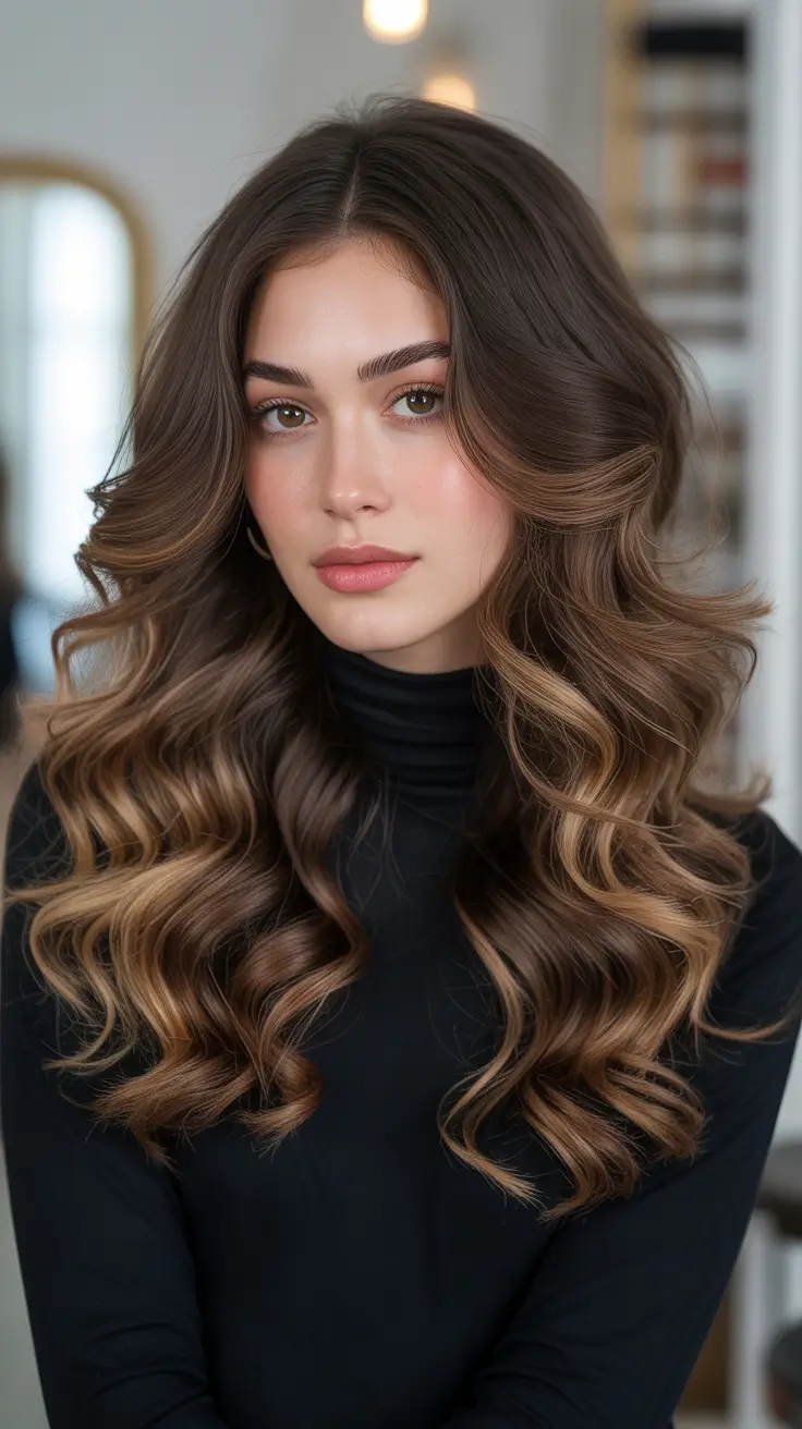 Brown hair colors 2026 Warm Caramel Brunette With Soft Ribbon Highlights