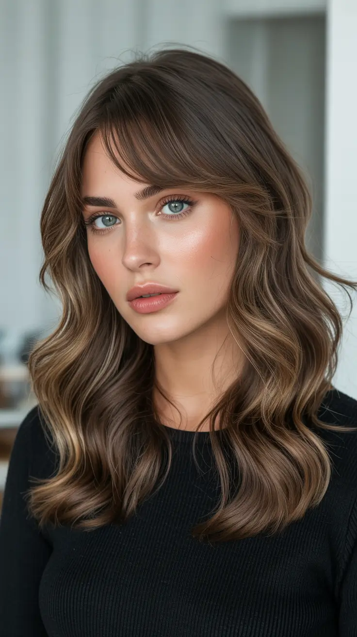 Brown hair colors 2026 Soft Ash Brown Waves With Curtain Bangs