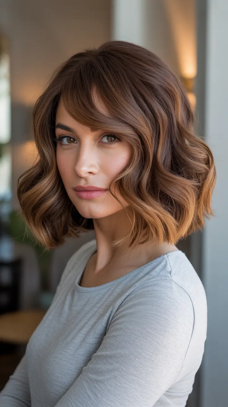 Brown hair colors 2026 Cinnamon Swoop Wavy Bob
