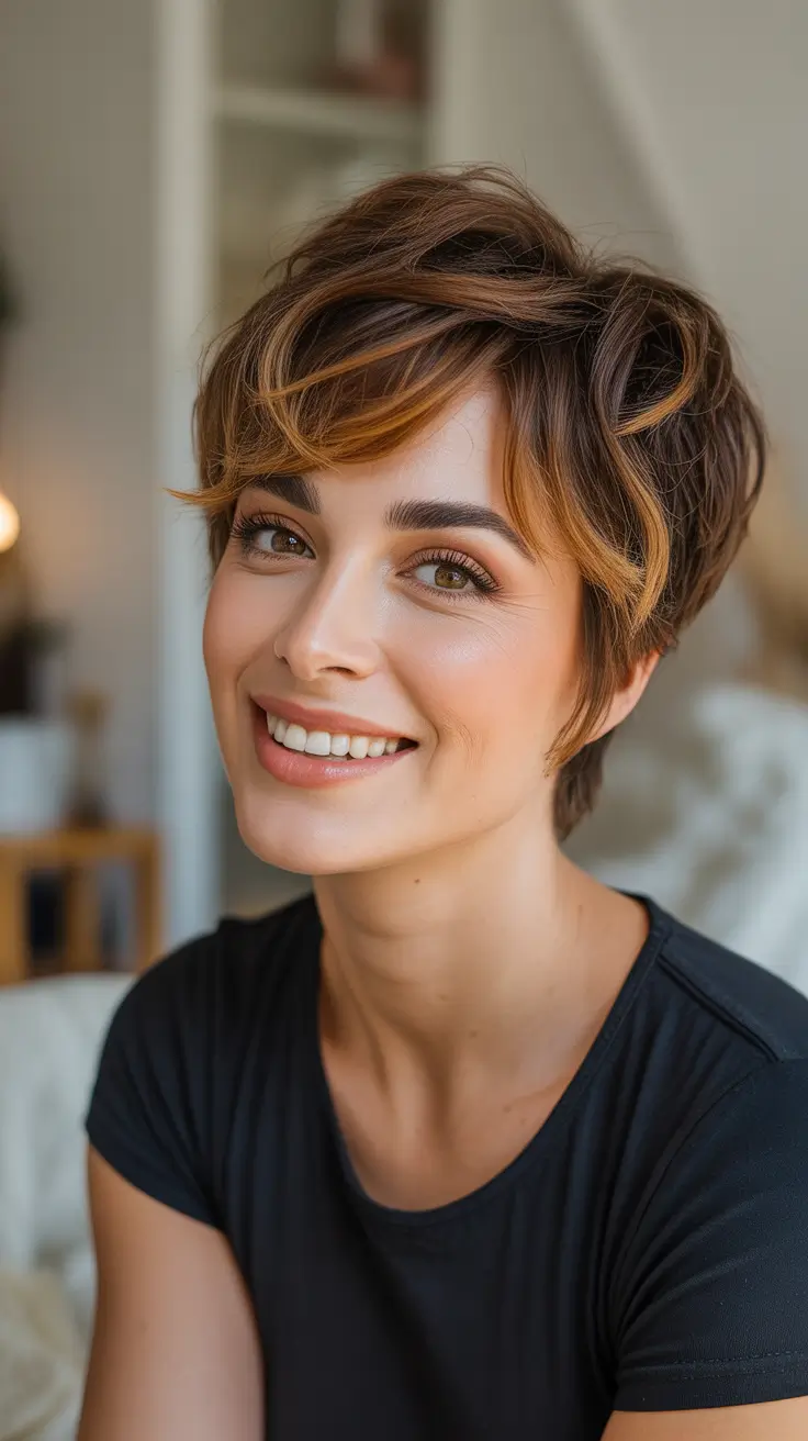 Brown hair colors 2026 Copper Kissed Pixie With Depth