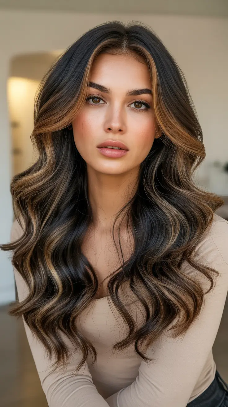 Brunette hair color 2026 trends - Warm Brunette Blowout With Caramel Dimension