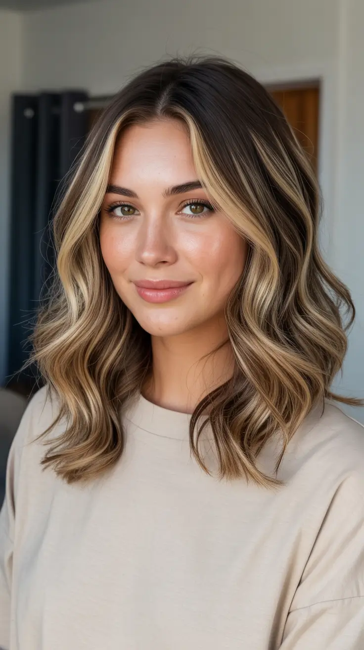Brunette hair color 2026 trends - Butter Cream Money Piece On A Soft Wavy Lob