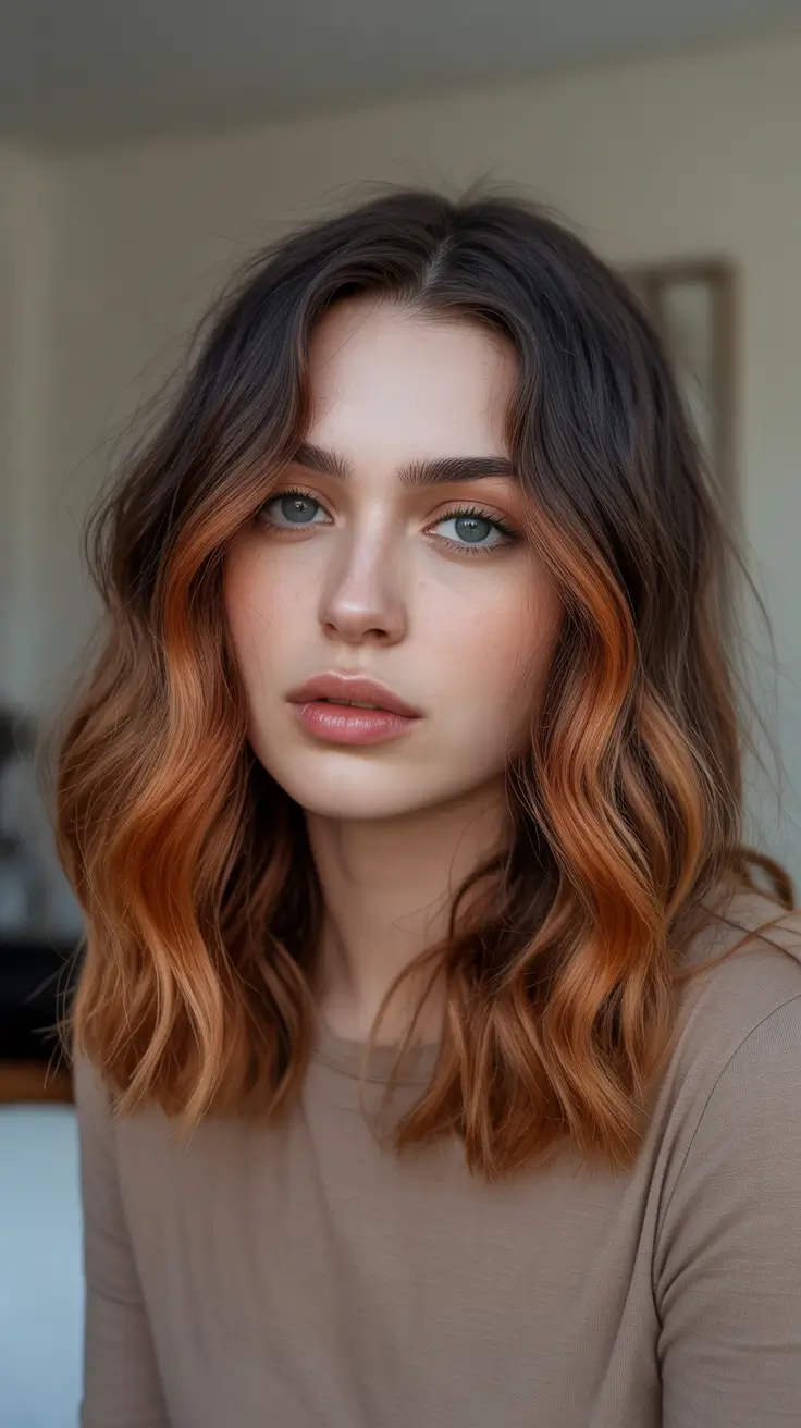 Brunette hair color 2026 trends - Chocolate Roots With Copper Melt Ends