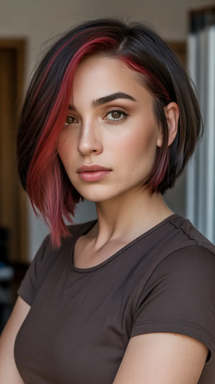 Brunette hair color 2026 trends - Black Cherry Brunette Bob With Bold Streaks