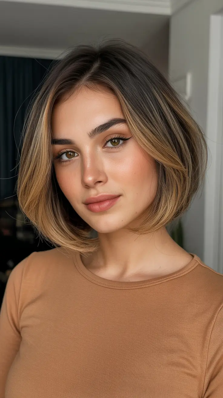Brunette hair color 2026 trends - Buttery Bronde Contour Bob With Soft Depth