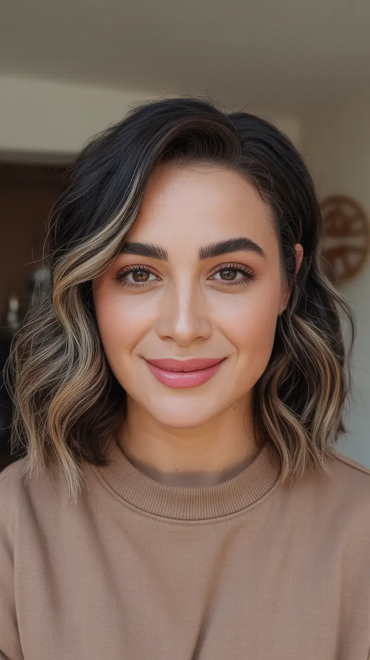 Brunette hair color 2026 trends - Side Part Brunette Waves With A Bright Sweep Highlight