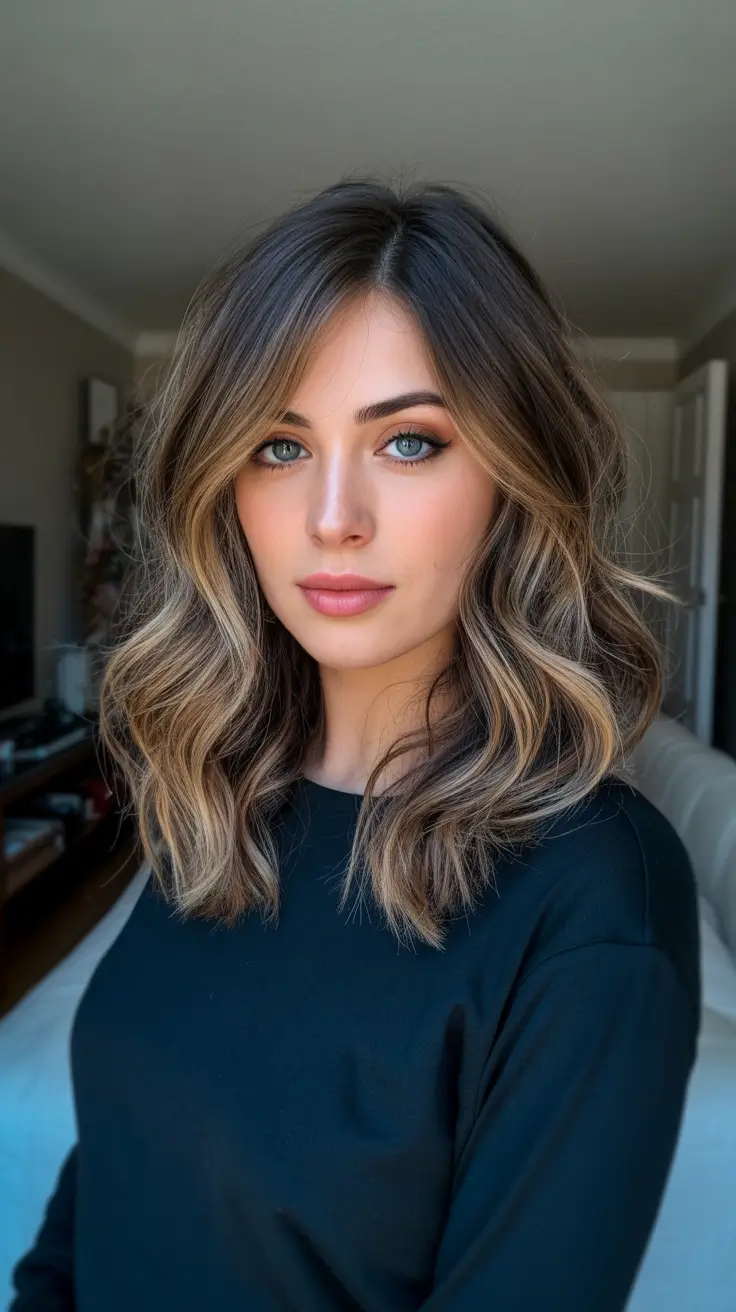 Brunette hair color 2026 trends - Soft Lived In Lob With Honey Beige Dimension
