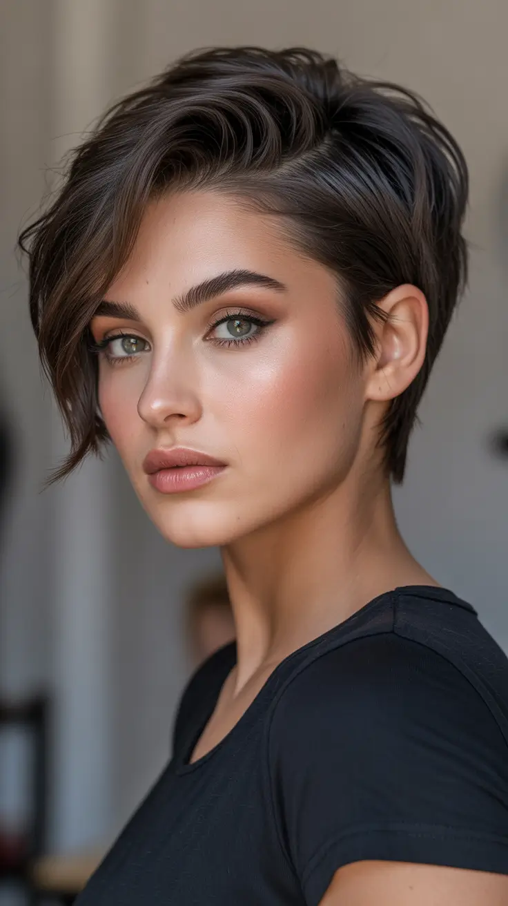 Brunette hair color 2026 trends - Edgy Brunette Pixie With Glossy Depth