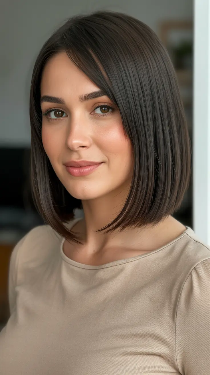 Brunette hair color 2026 trends - Glass Brunette Bob With A Cool Side Sweep