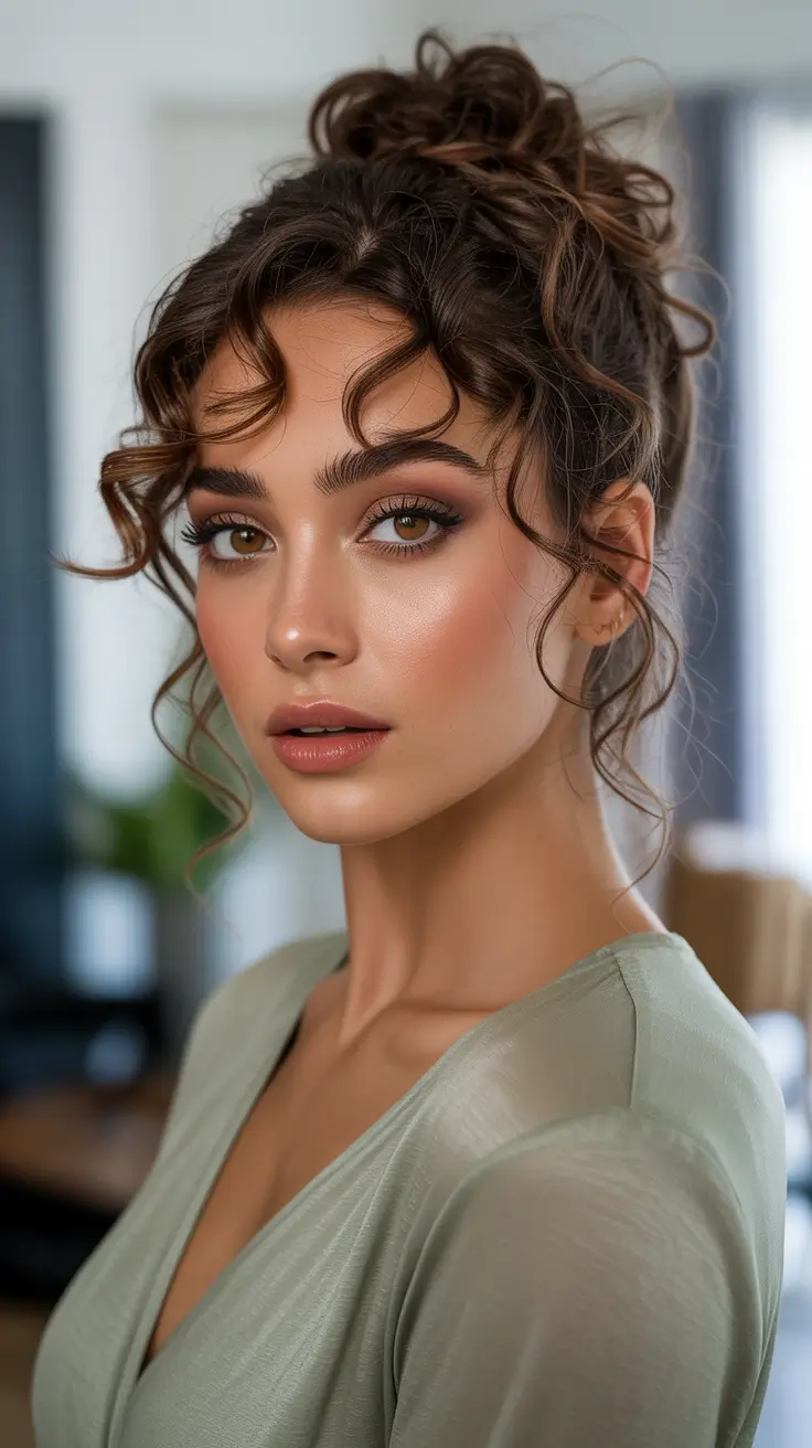 Cute bun hairstyles 2026 Textured Curly Bun With Flirty Tendrils