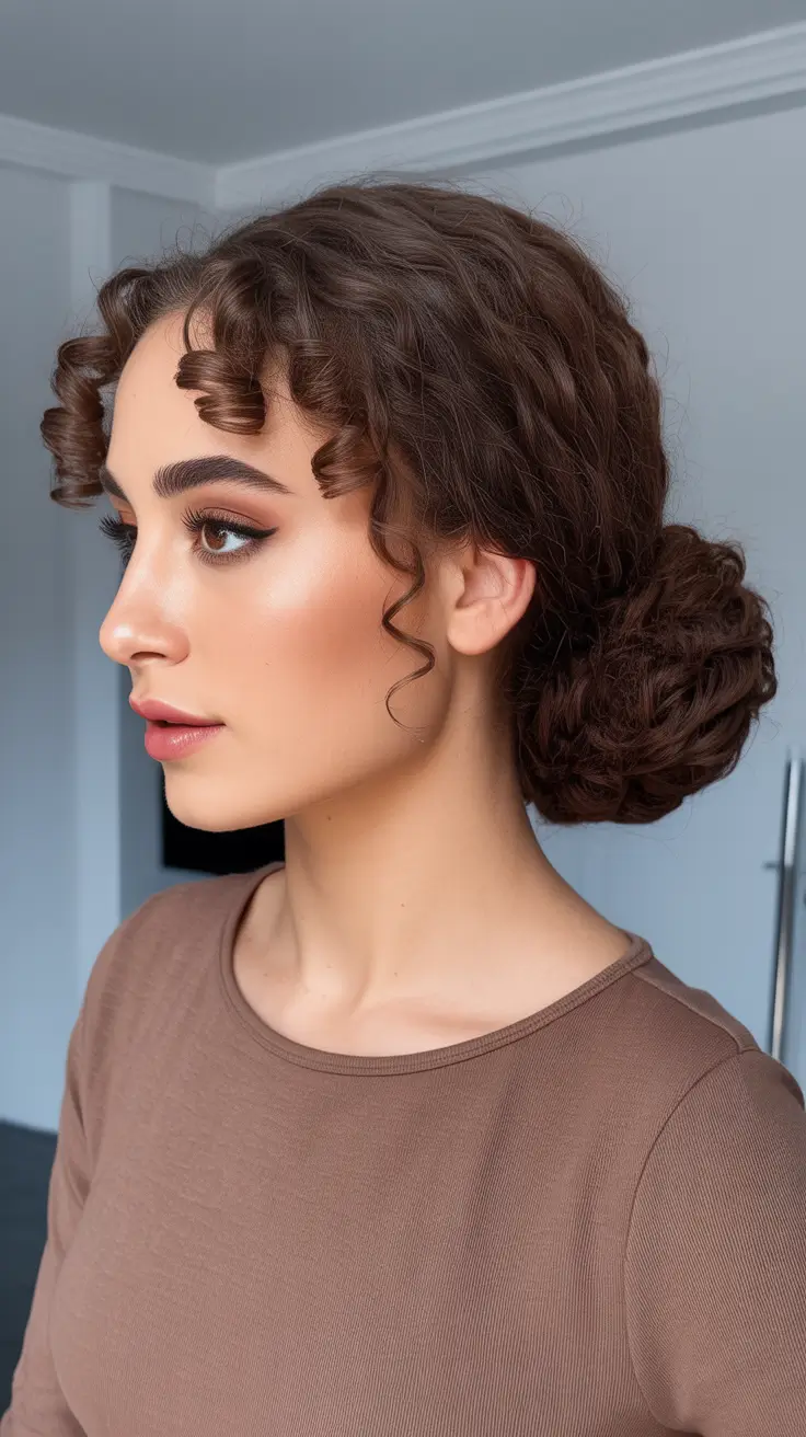 Cute Bun Hairstyles 2026 Romantic Curly Low Bun With Defined Tendrils