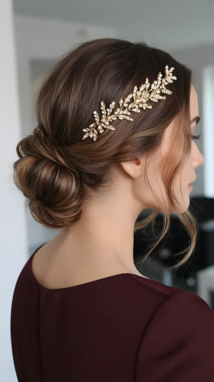 Cute Bun Hairstyles 2026 Soft Volume Bun With Golden Leaf Headpiece