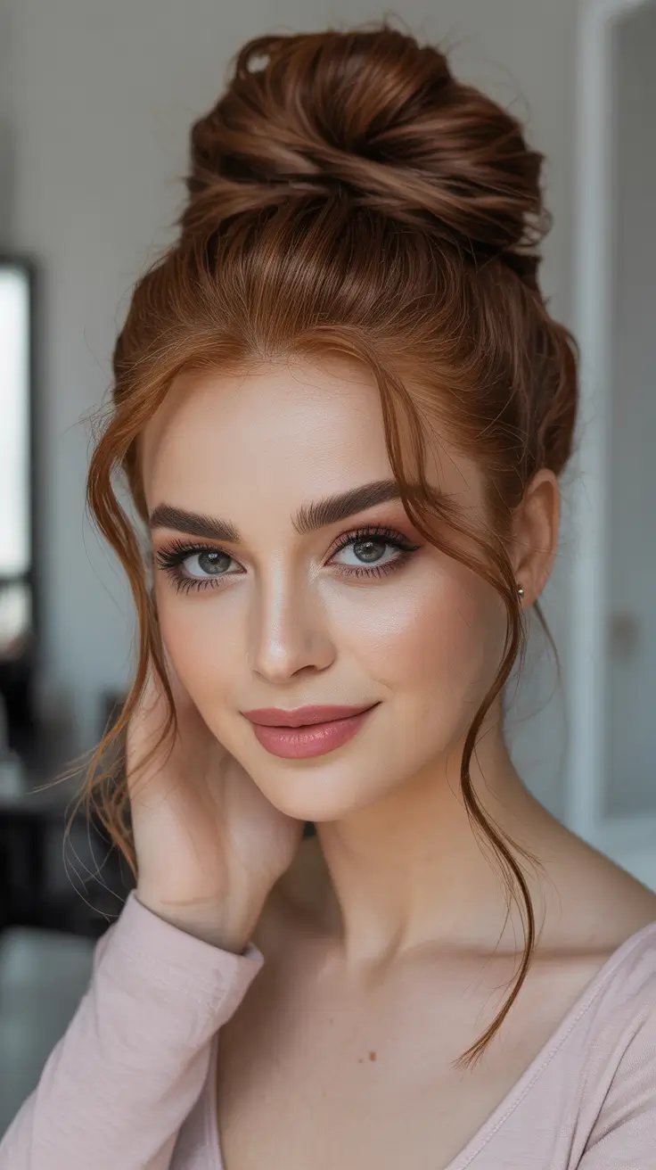 Cute Bun Hairstyles 2026 High Ginger Top Knot With Soft Tendrils