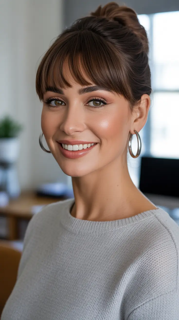 Cute bun hairstyles 2026 Sleek Office Ready Bun With Soft Bangs