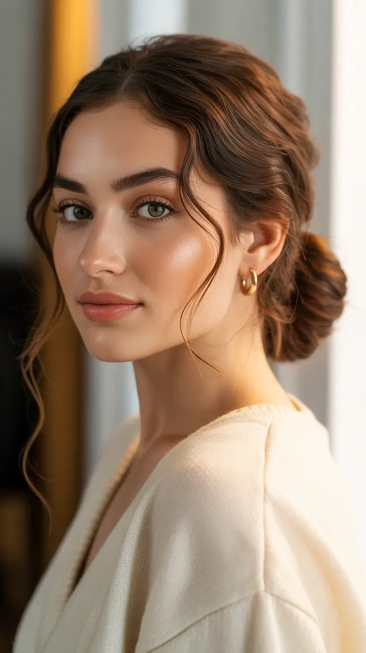 Cute bun hairstyles 2026 Soft Low Messy Bun With Face Framing Waves