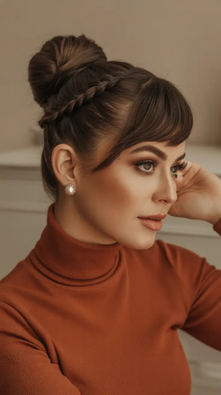 Cute bun hairstyles 2026 High Braided Bun With Retro Bangs