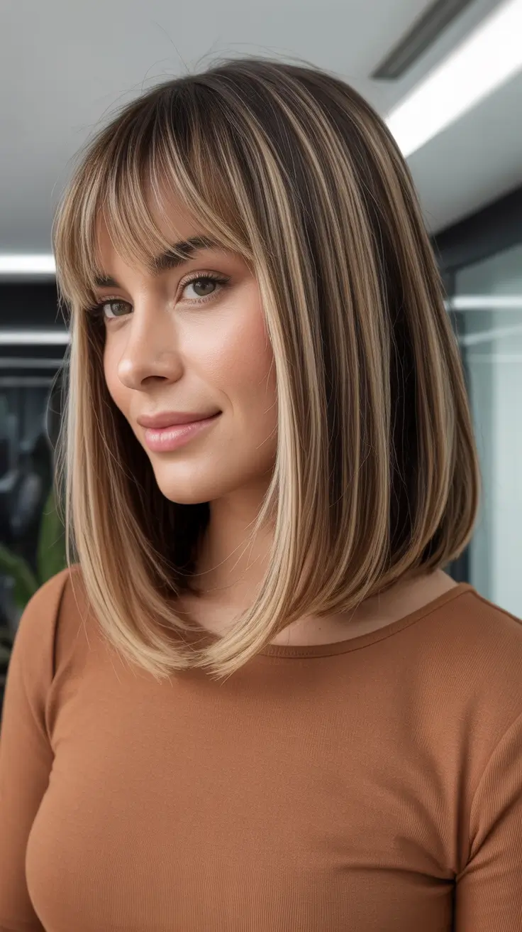 Caramel Hair Color 2026 Honey Golden Bob With Wispy Bangs And Graphic Highlights