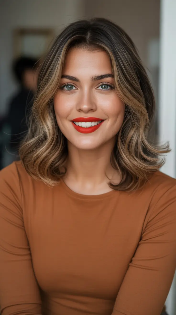 Caramel Hair Color 2026 Caramel Contour Lob With Bold Lip Energy