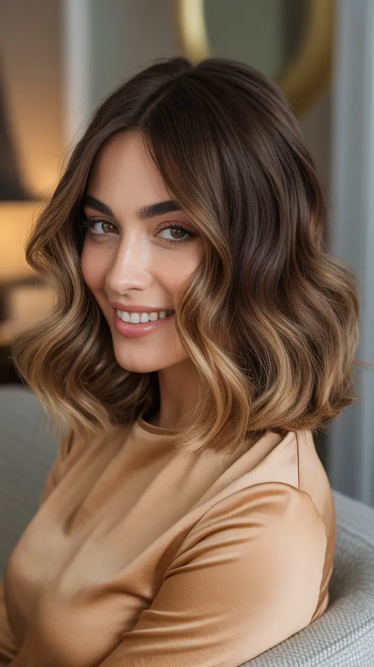 Caramel Hair Color 2026 Soft Wavy Bob With Caramel Balayage Ends