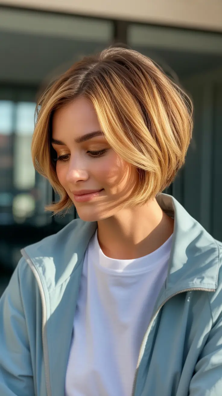 Caramel hair color 2026 Honey Golden Bob With Sporty Chic Energy