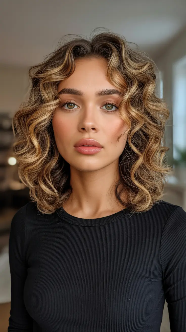 Caramel hair color 2026 Soft Curly Bob With Caramel Halo Highlights