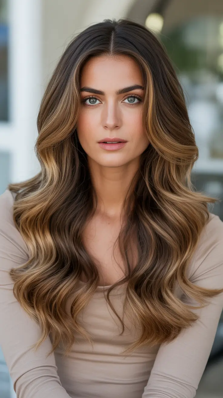 Caramel hair color 2026 Honey Golden Balayage On Long Glam Waves
