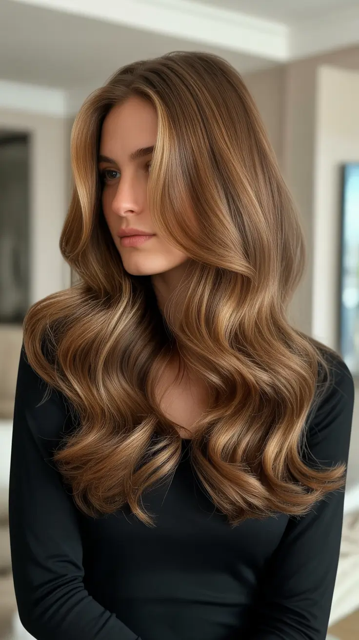 Caramel hair color 2026 Chocolate Caramel Blowout With High Shine Volume