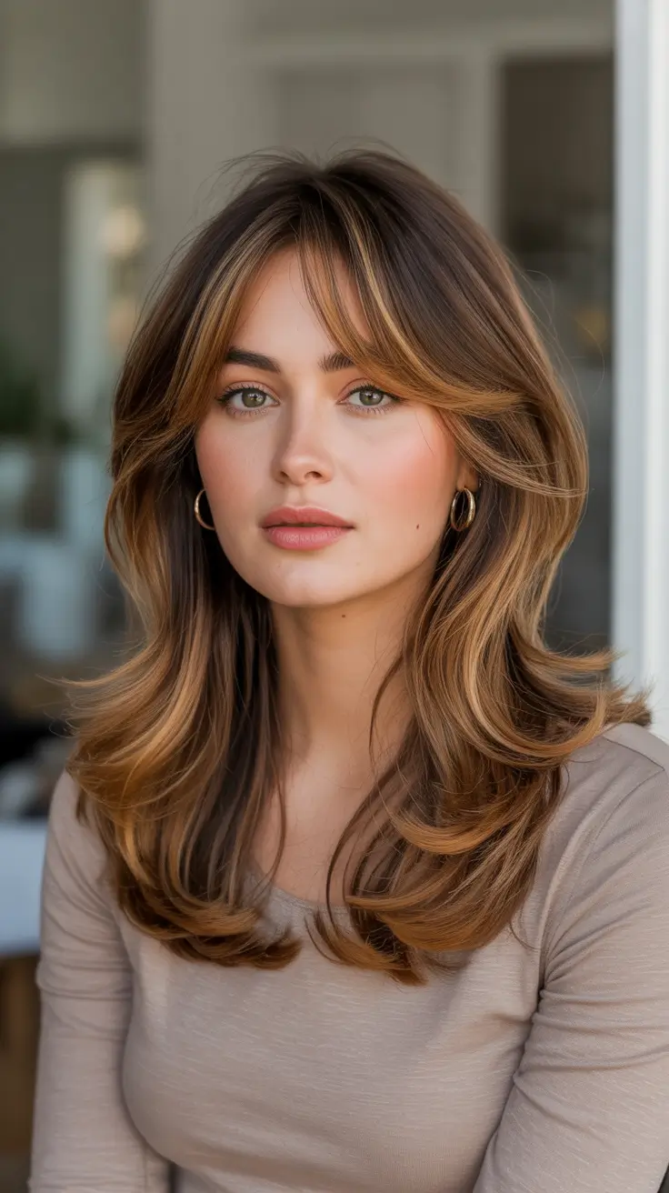 Caramel hair color 2026 Caramel Face Framing Layers With Curtain Bangs