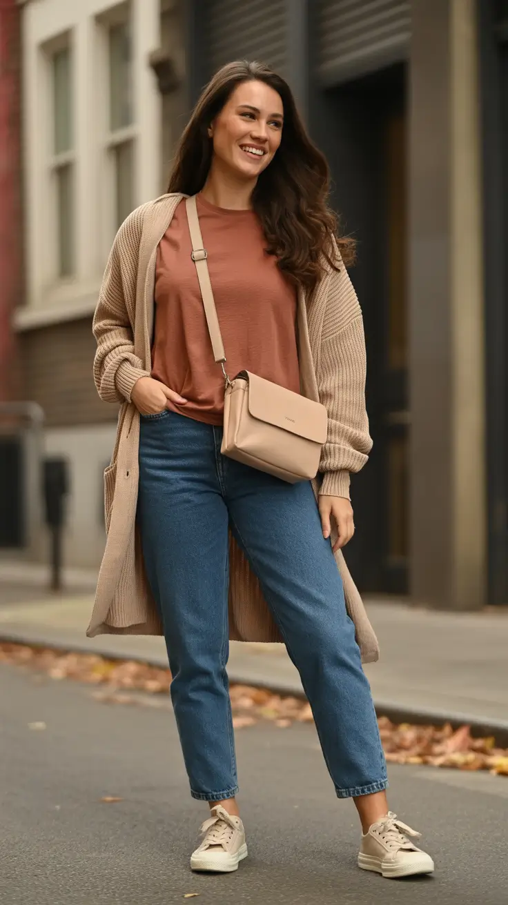 Casual everyday outfits 2026 - Soft Cardigan And Rust Tee For Cozy Casual Fall