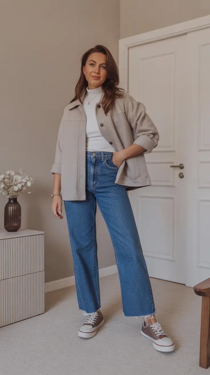 Casual everyday outfits 2026 - Neutral Shacket And White Mock Neck For Clean Everyday Ease