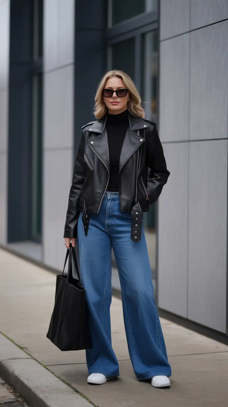 Casual everyday outfits 2026 - Leather And Wide Denim With Downtown Chic Edge
