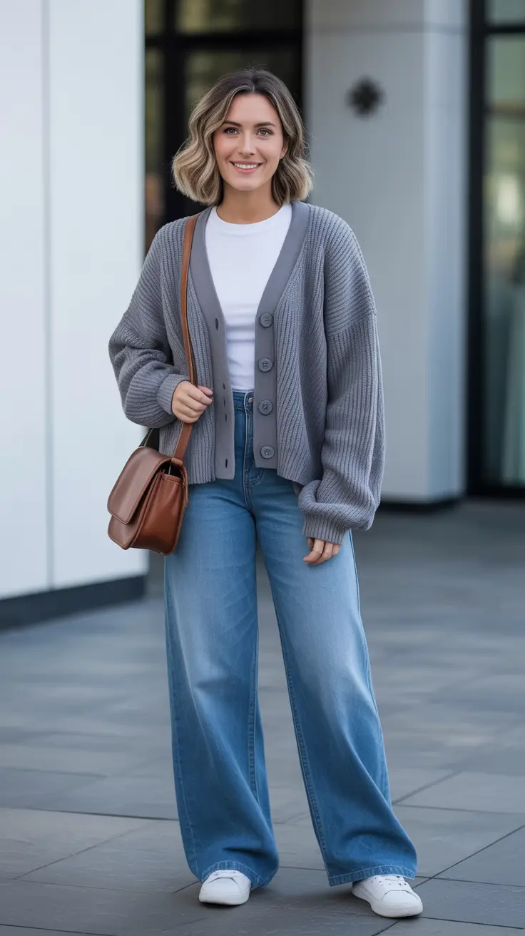 Casual everyday outfits 2026 - Buttoned Cardigan And Wide Leg Denim Calm