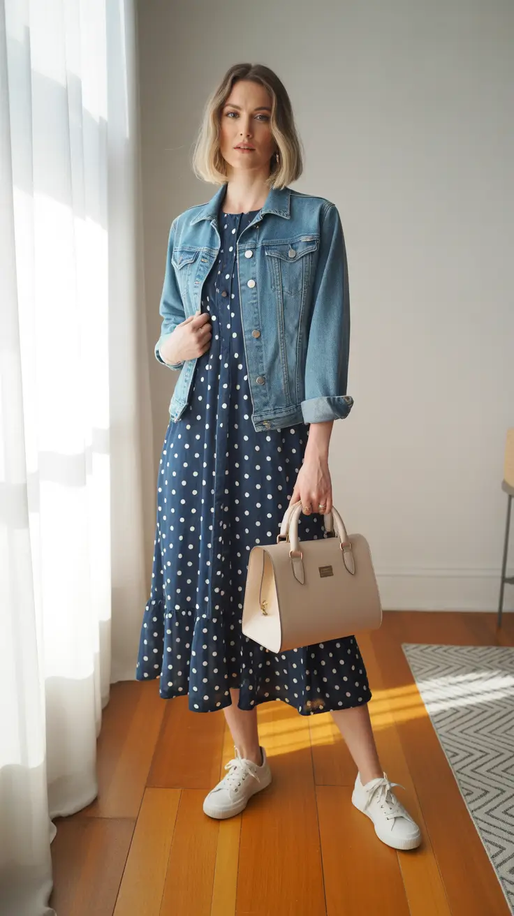 Casual Mom Outfits 2026 - Polka Dot Midi Dress With Denim Jacket For Soft Everyday Feminine