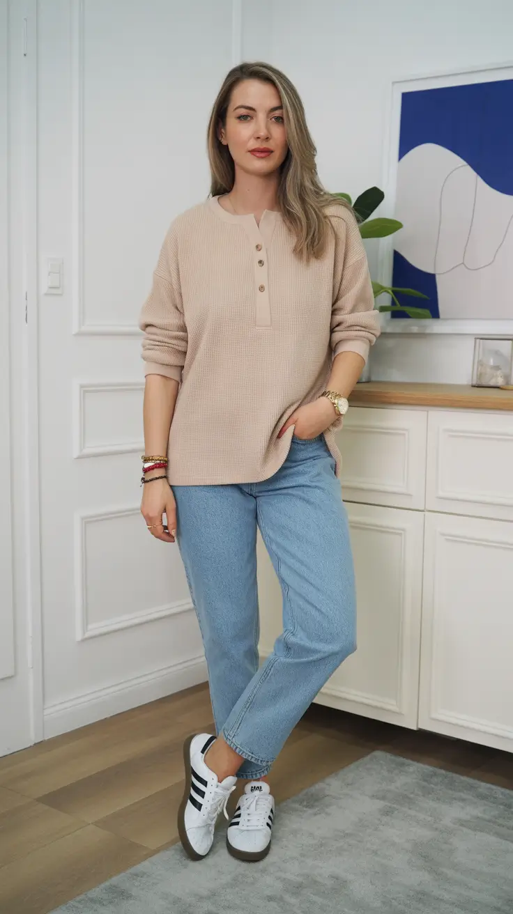 Casual Mom Outfits 2026 Soft Henley Knit And Light Denim For Polished Comfort