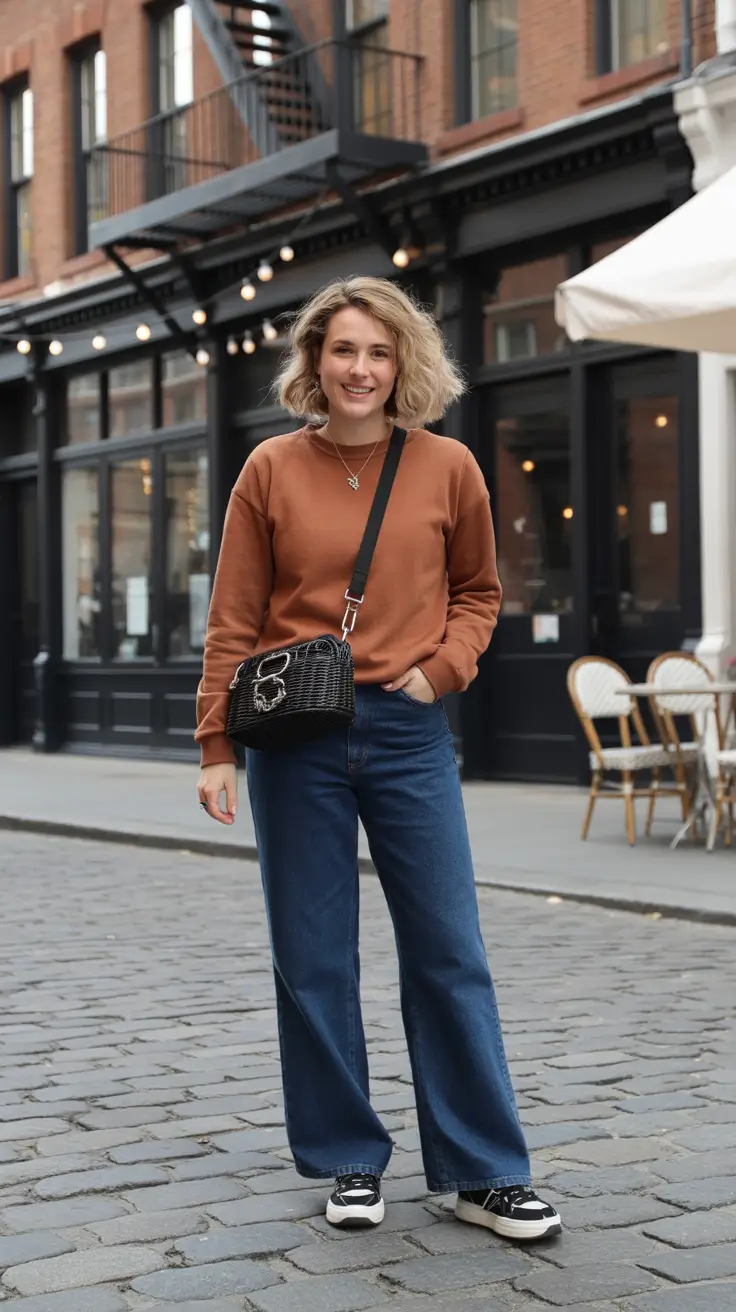 Casual Mom Outfits 2026 Rust Sweatshirt And Wide Leg Denim For City Errands